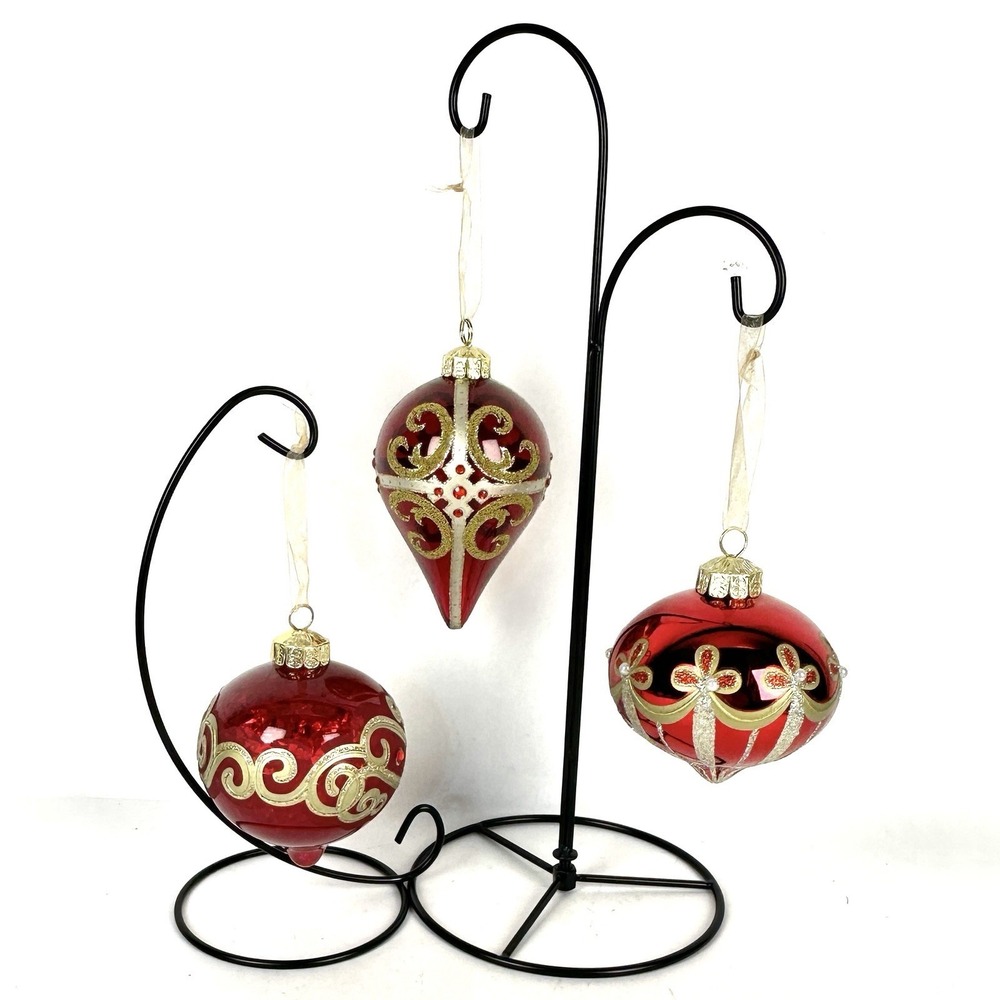 Vintage Christmas Ornaments Blown Glass Red and Gold Glitter Set of Three